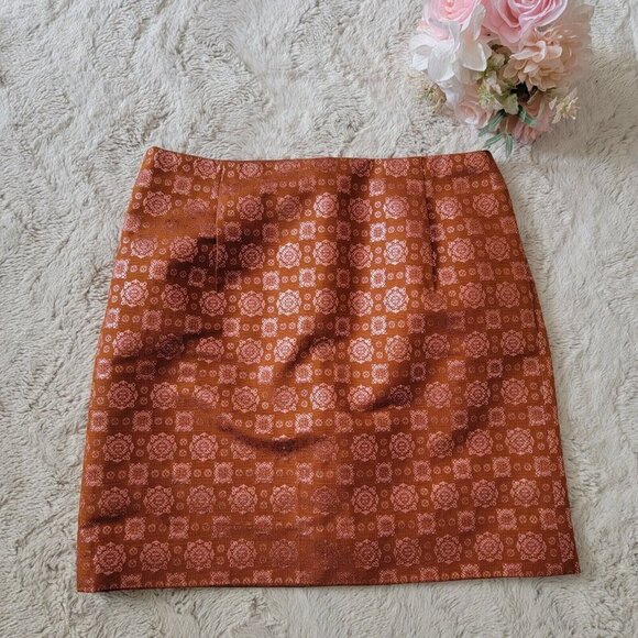 J Crew Collection Burnt Orange Silk Pink Geometric Metallic Print Mini Skirt NWT - Picture 1 of 11